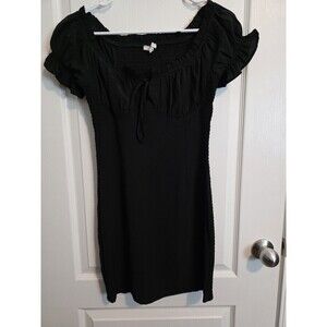 Black Knit Mini Dress Puff Short Sleeve Scoop Neck Ruffle Bow Accents 054